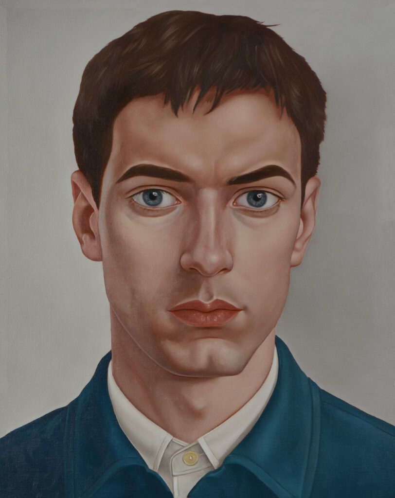 A portrait of a man wearing a suit, focusing on his facial features including his forehead, eyebrows, and chin. The image is styled as a sketch or painting, highlighting the details of his jawline and neck.