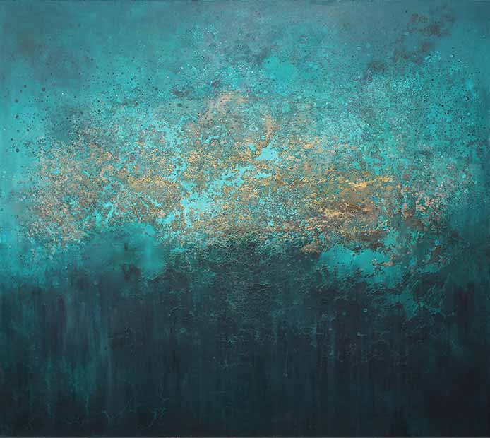 A vibrant blue and gold background featuring shades of turquoise, aqua, and teal, reminiscent of a serene reef.