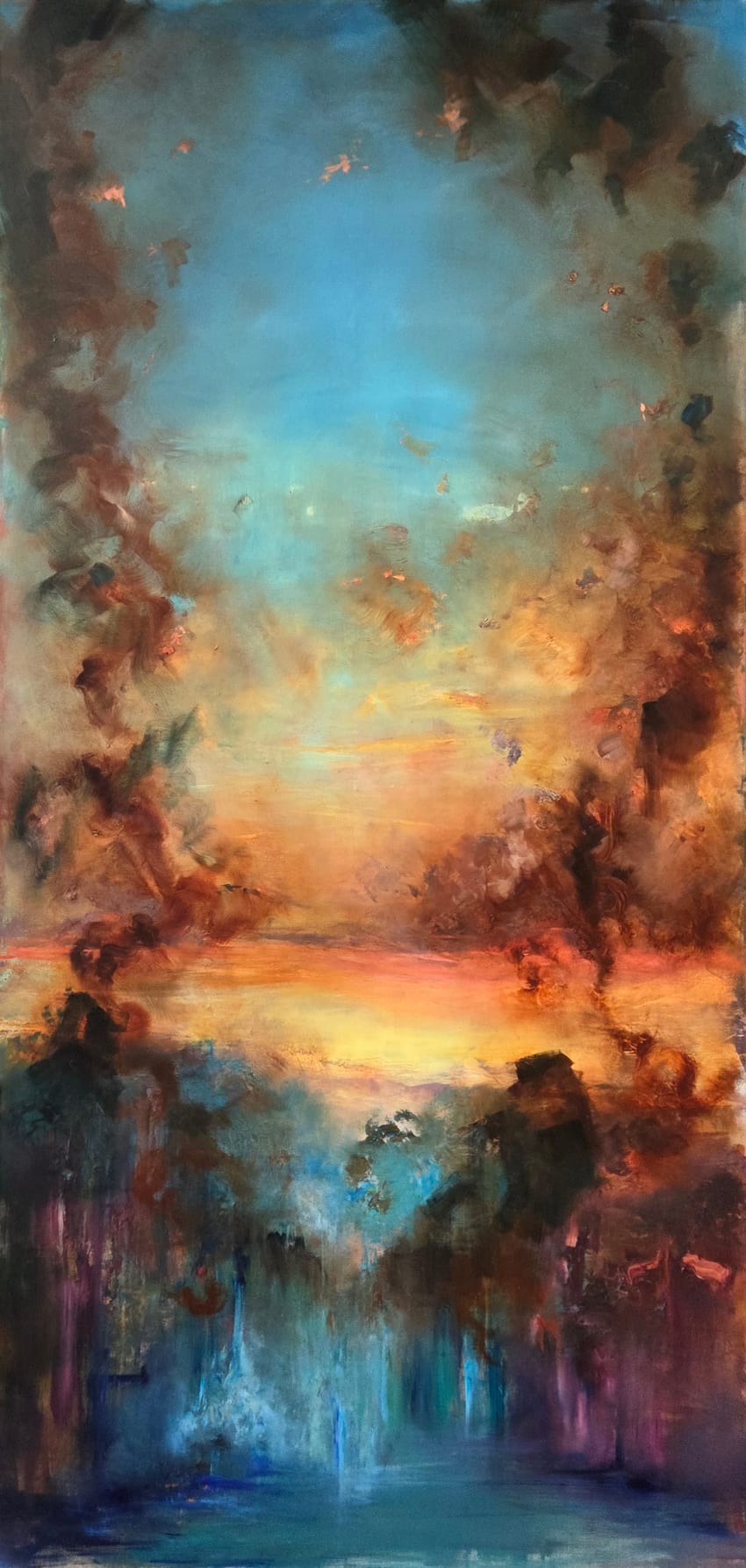 A vibrant painting depicting a sunset with colorful clouds, created using acrylic paint. The artwork showcases a modern art style, capturing the beauty of the landscape. | 2025 Pontone Gallery