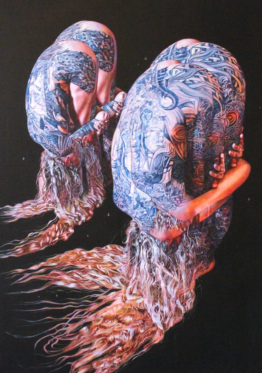 A man with long hair and tattoos on his body, depicted in a vibrant painting that showcases intricate details and artistic expression. The artwork may include elements related to animals, enhancing the overall theme.