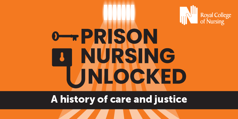 Graphic featuring the title "Prison Nursing Unlocked" with a key icon, highlighting a history of care and justice, presented by the Royal College of Nursing.
