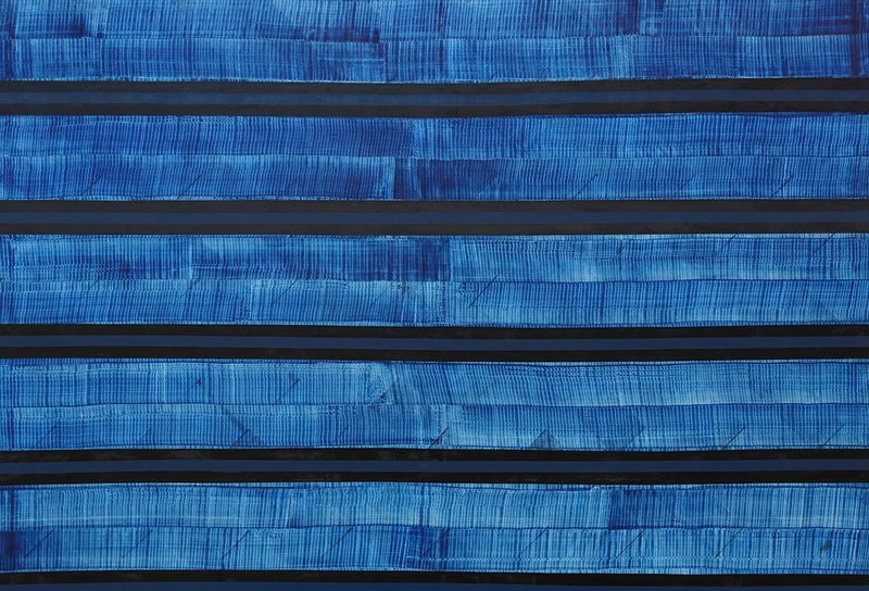A blue striped surface featuring black lines, creating an abstract pattern with a symmetrical design.