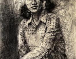 A black and white sketch of a woman with long hair wearing a hat, featuring artistic details that emphasize her facial features in a portrait style.