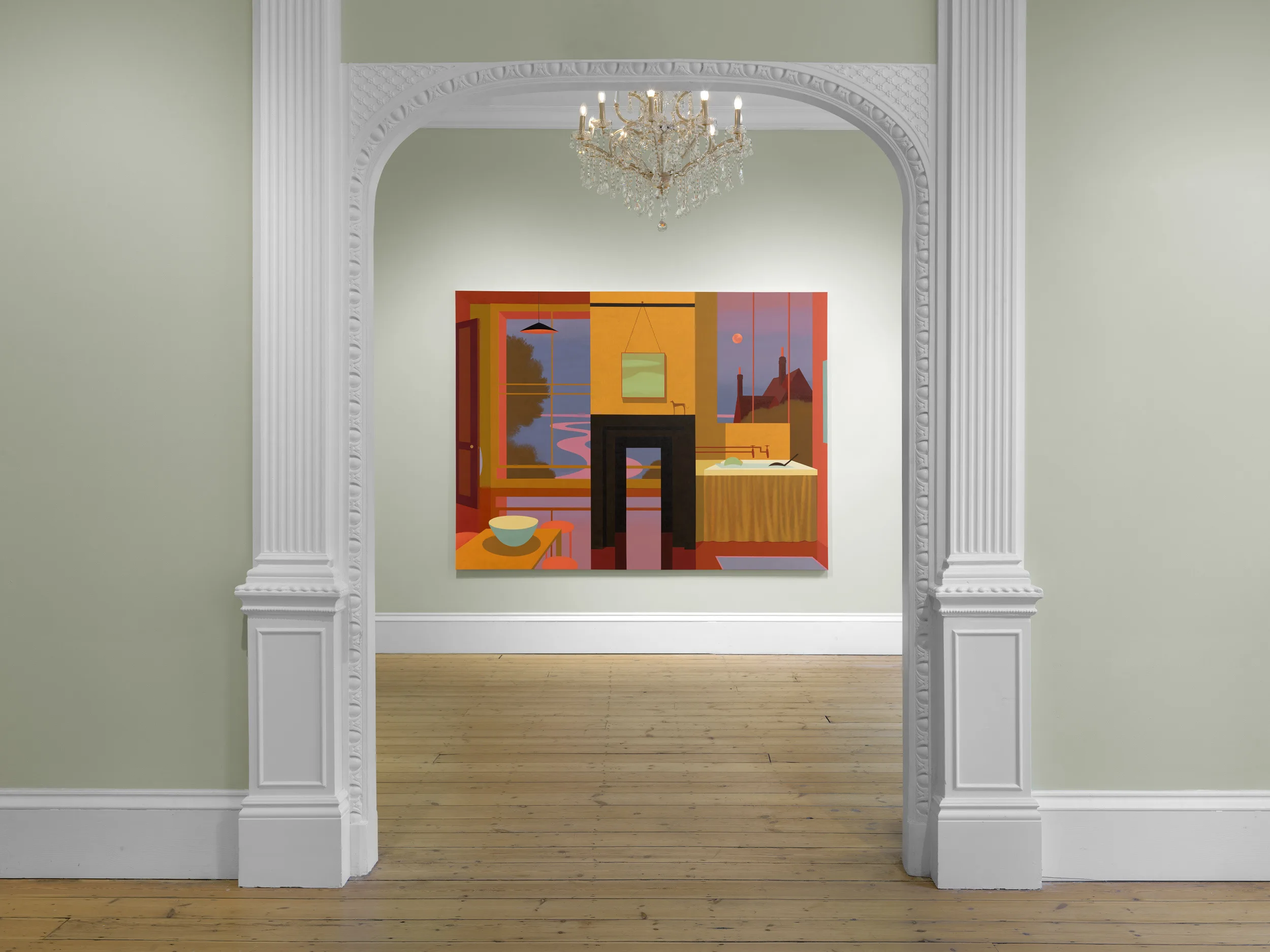 A painting displayed in a framed format on the wall of an indoor room, featuring decorative molding along the ceiling and floor. The space includes elements such as a door and a mirror, contributing to the overall interior design aesthetic.