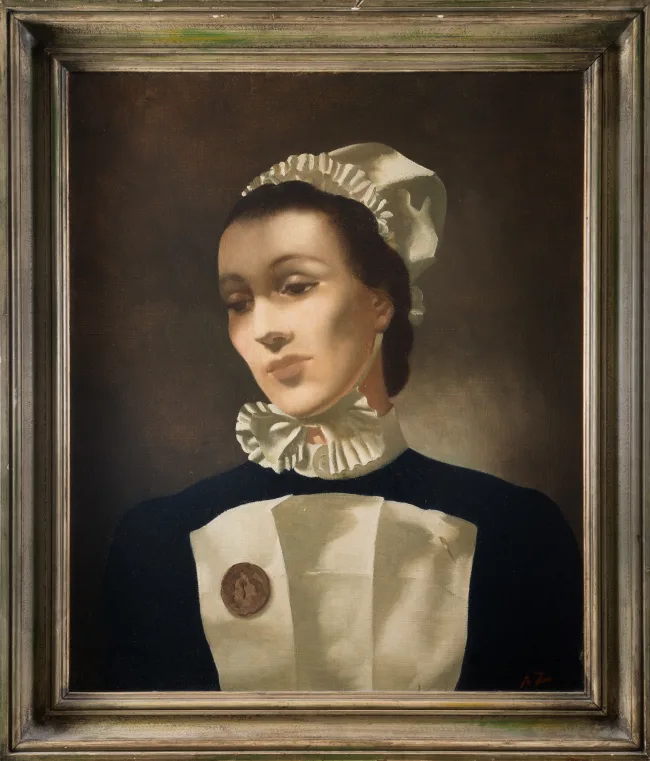 A framed painting of a woman wearing a hat, depicting her face in a portrait style, set indoors, resembling artwork found in a museum.