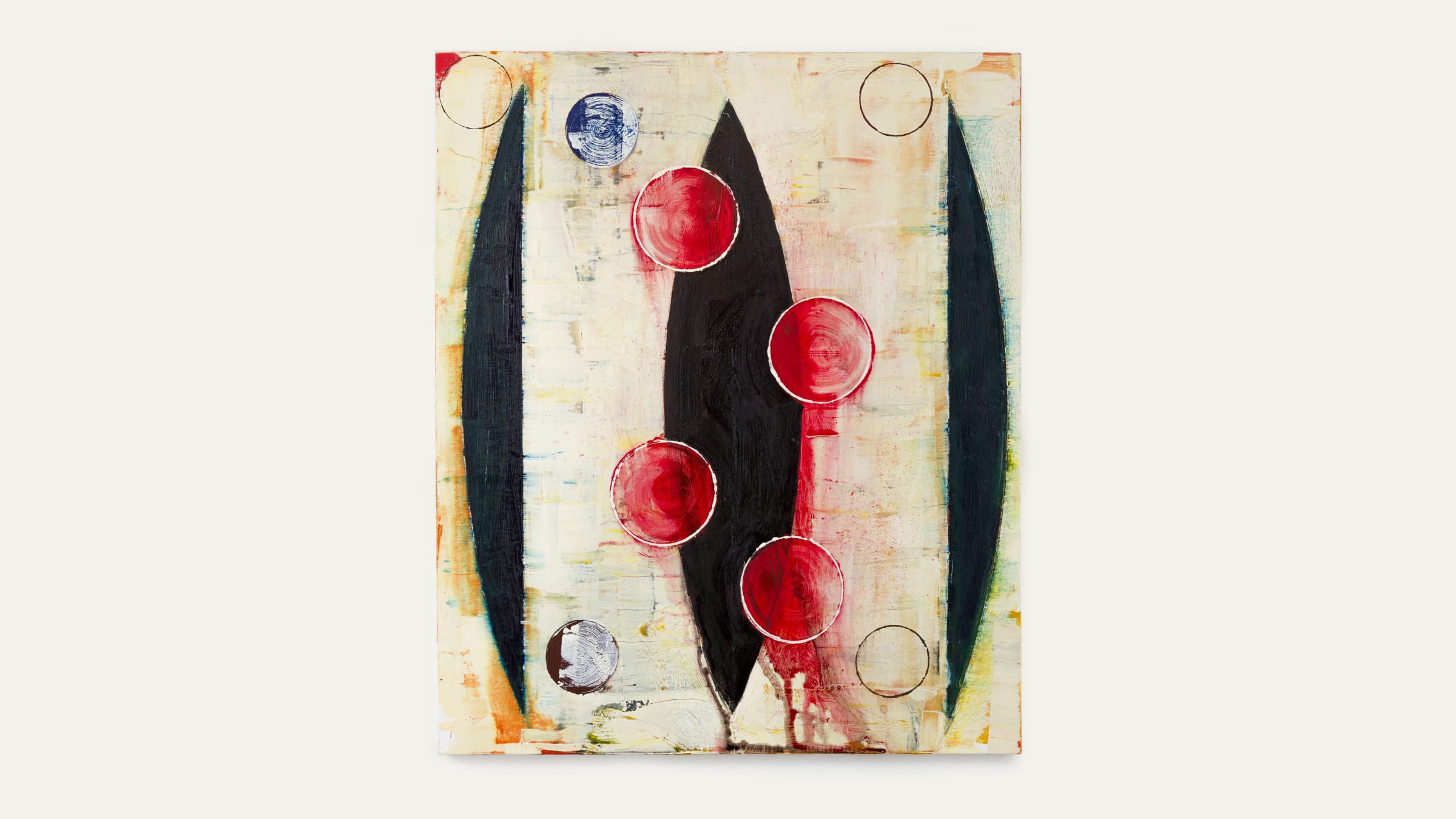 A circular painting featuring a black and red design, representing playful child art with a simple yet bold illustration style.