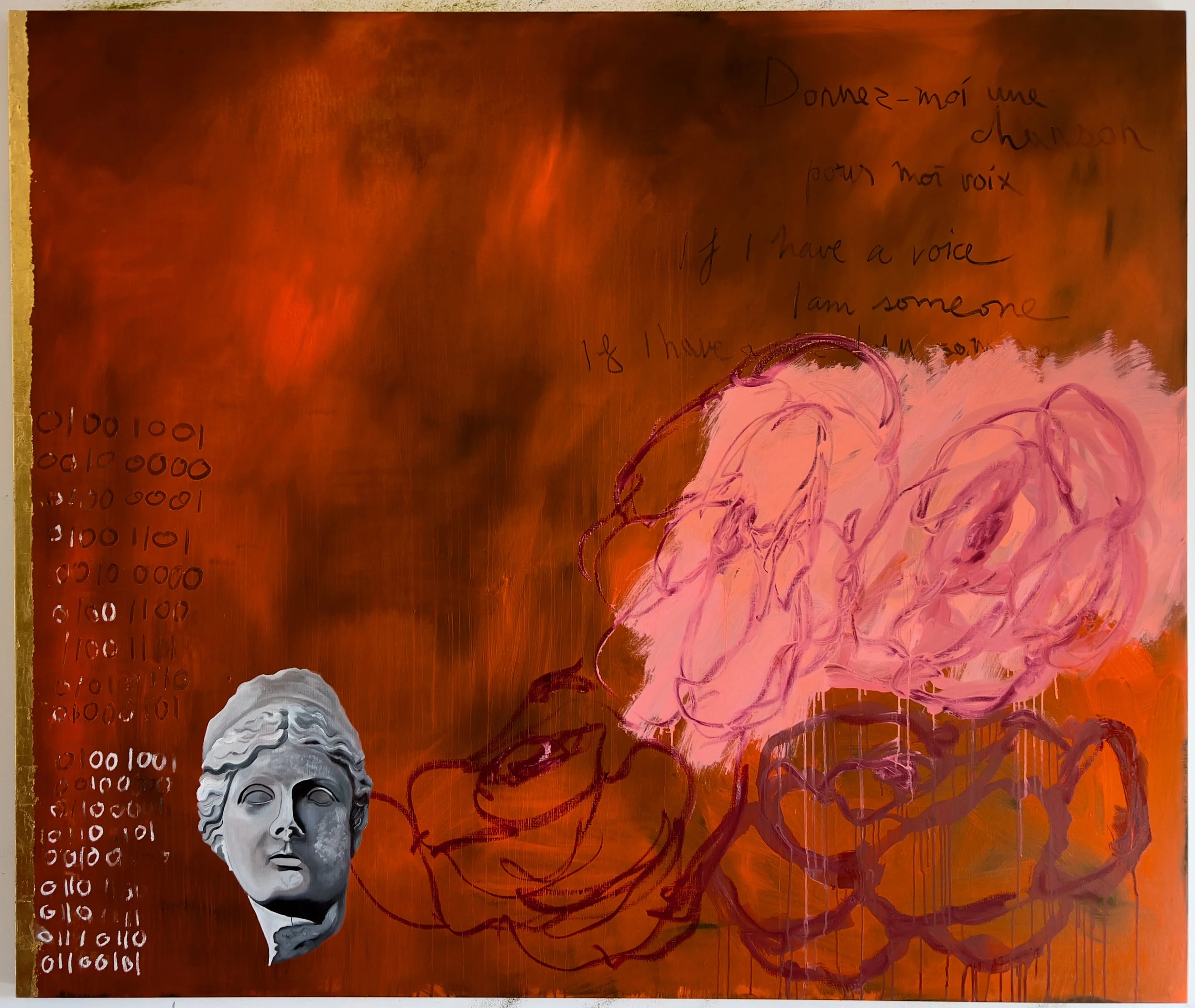 A painting depicting a human head with a pink flower, showcasing modern art elements. | 2025 Mimosa House