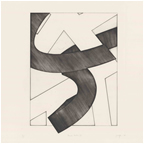 A black and white drawing of the letter S in an abstract style, featuring unique lines and shapes.