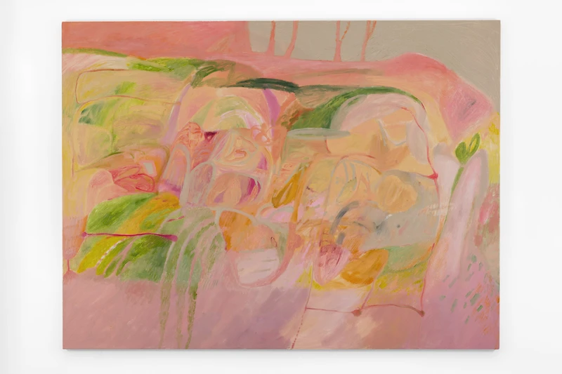 A colorful painting depicting a landscape with shades of pink and green, showcasing modern art techniques and vibrant acrylic paint. The artwork features elements reminiscent of child-like creativity and pastel aesthetics.