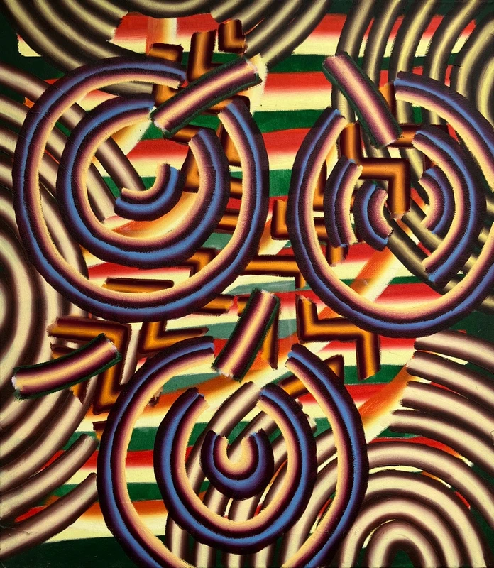 A vibrant and colorful abstract art piece featuring intricate spirals and fractal patterns, showcasing a dynamic mix of colors.