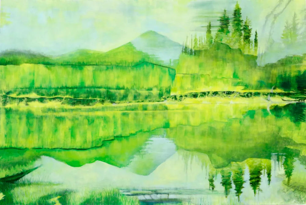 A painting depicting a serene green landscape with a lake reflecting the surrounding nature. The artwork showcases various shades of green, emphasizing the vibrant outdoor scene.