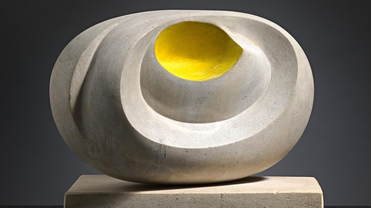 A sculpture featuring a white and yellow ceramic object, resembling a vase or artifact. | 2025 Courtauld Gallery