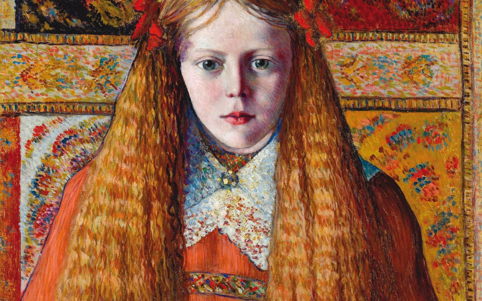 A painting depicting a girl with long hair, set in an indoor environment. She is wearing clothing that includes red tones, showcasing artistic elements of visual arts.