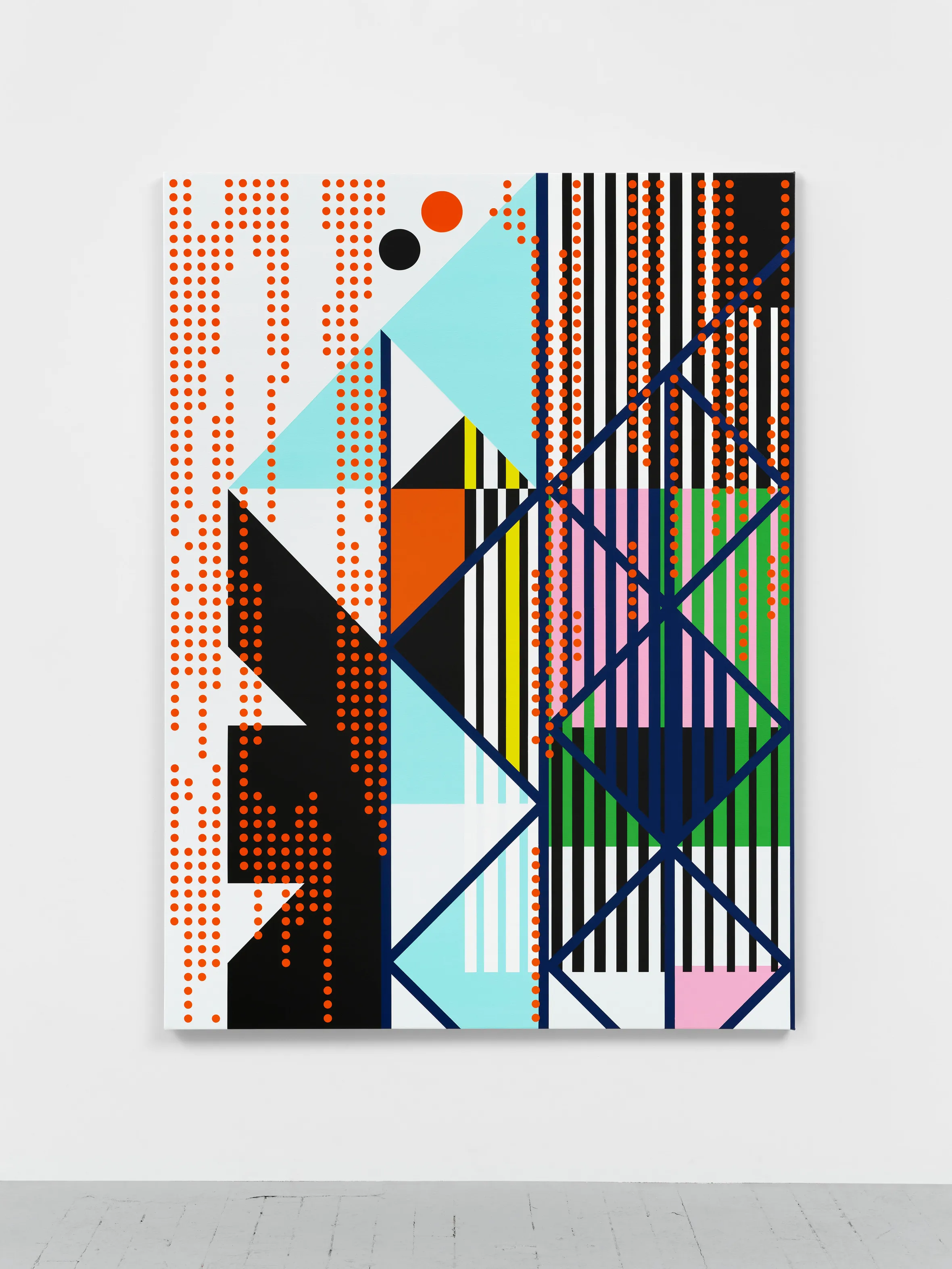 A vibrant and colorful abstract art piece displayed on a white surface, featuring various shapes and patterns in a rectangular format.
