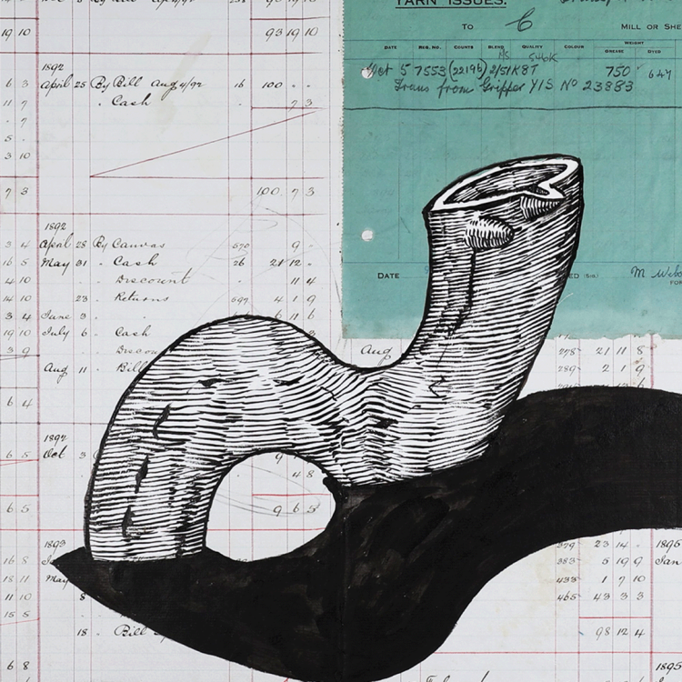 A drawing of a pipe on a piece of paper, featuring various handwritten notes and numbers in different styles. The paper includes lines of text that seem to reference measurements or dates, combined with artistic elements.