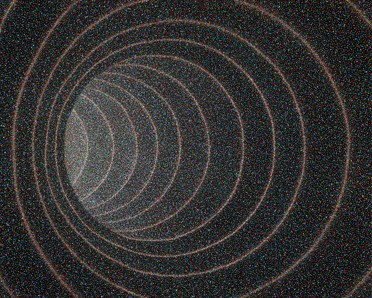 A swirling tunnel in shades of black and blue, filled with numerous bright dots resembling stars, creating a sense of depth and movement.