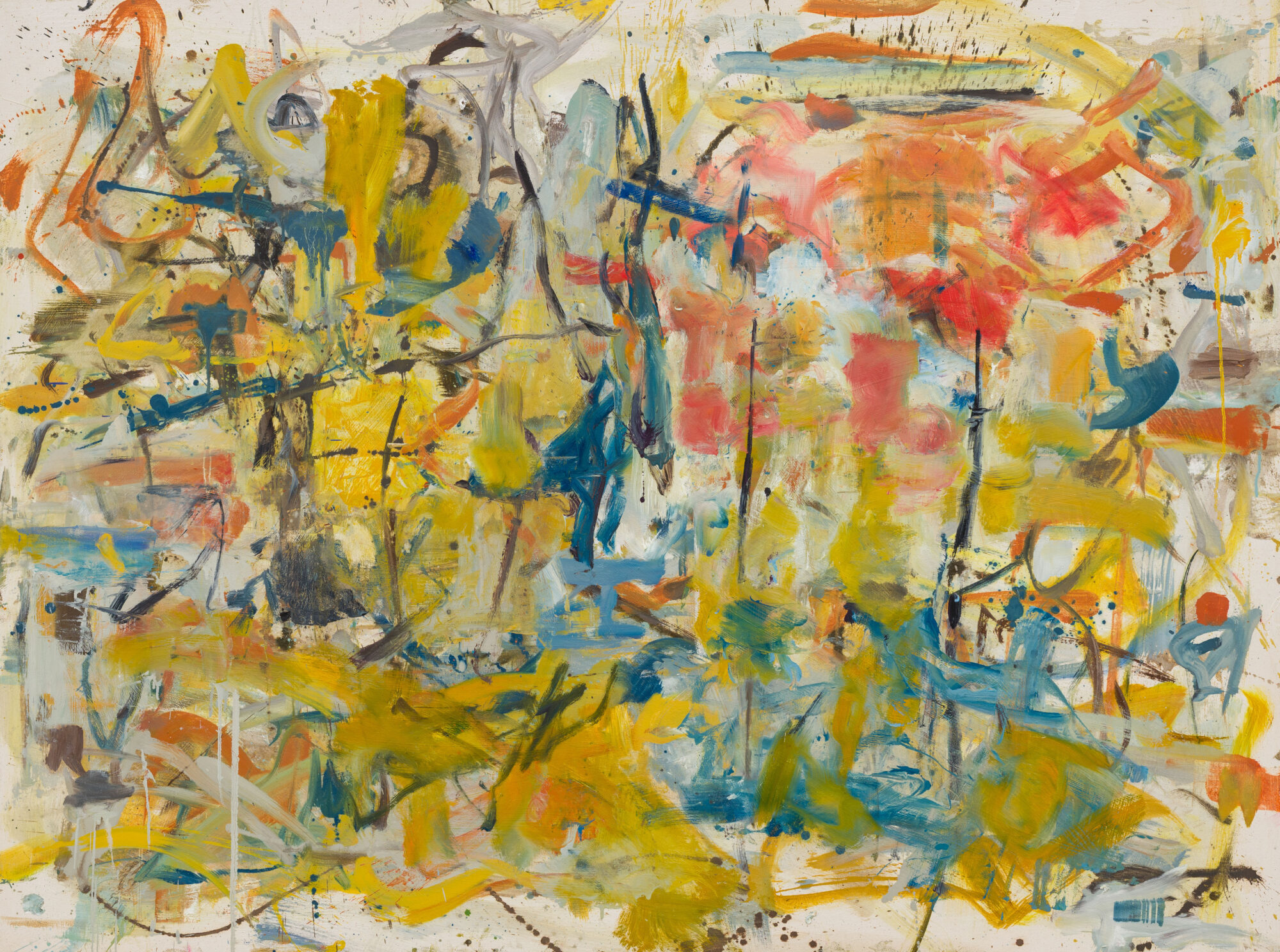 A vibrant and abstract painting featuring a mixture of various bright colors, showcasing fluid shapes and forms that evoke a sense of creativity and expression. The artwork resembles modern art styles often seen in child art, utilizing acrylic paint to create dynamic visual effects.