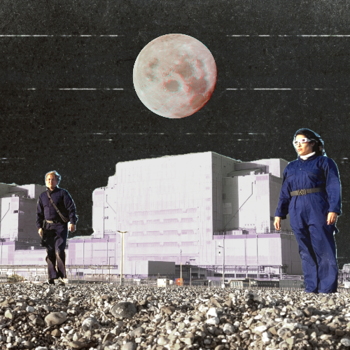 A couple of individuals walking on a rocky surface under the moonlight. They are dressed in outdoor clothing and standing on the uneven ground.