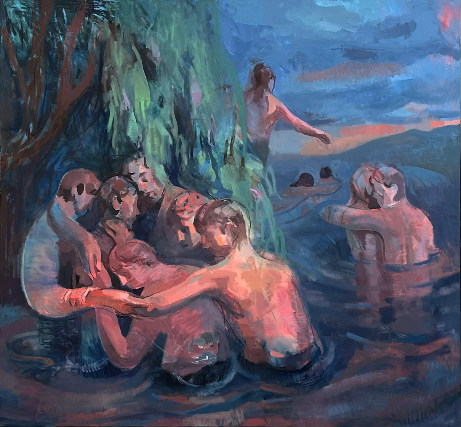 A painting depicting several figures immersed in water, showcasing a blend of colors and fluid brushstrokes typical of modern art.