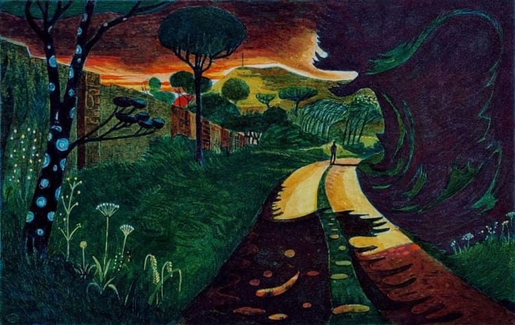A man is walking along a road in this painting, surrounded by greenery and trees. The artwork features vibrant colors and an expressive style typical of modern art.
