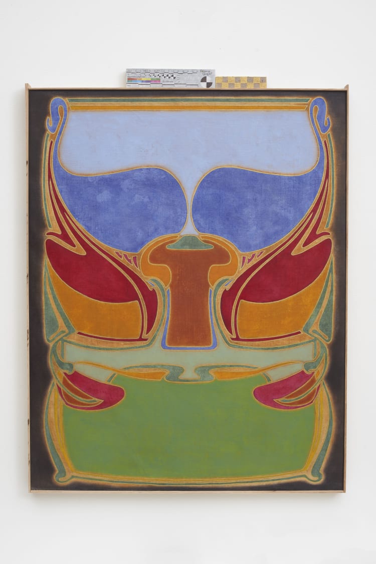 A vibrant and colorful art piece displayed on a white surface, showcasing various hues and artistic techniques characteristic of modern art.