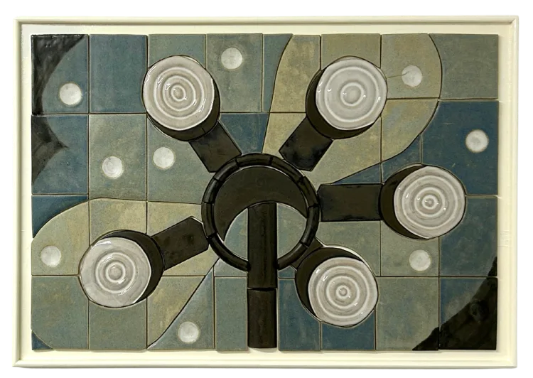 A colorful mosaic artwork depicting a tree, surrounded by a circular pattern with symmetrical designs. The composition features various shapes including squares, creating an intriguing visual effect.