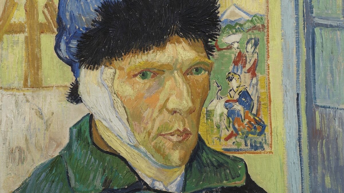 Portrait featuring a figure in a blue hat with visible brush strokes and a colorful background depicting scenes and figures. | The Courtauld Institute of Art 2026