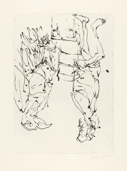 Abstract ink drawing of two human figures intertwined, showcasing elongated limbs and expressive lines against a neutral background.