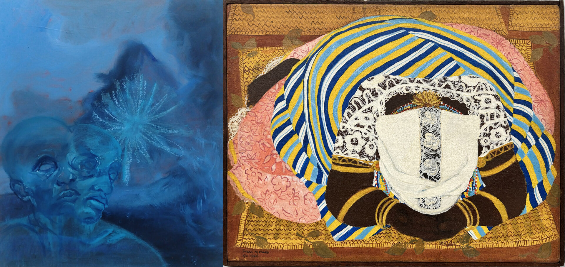 A split image featuring abstract blue figures on the left and a colorful, culturally inspired figure with intricate patterns on the right.