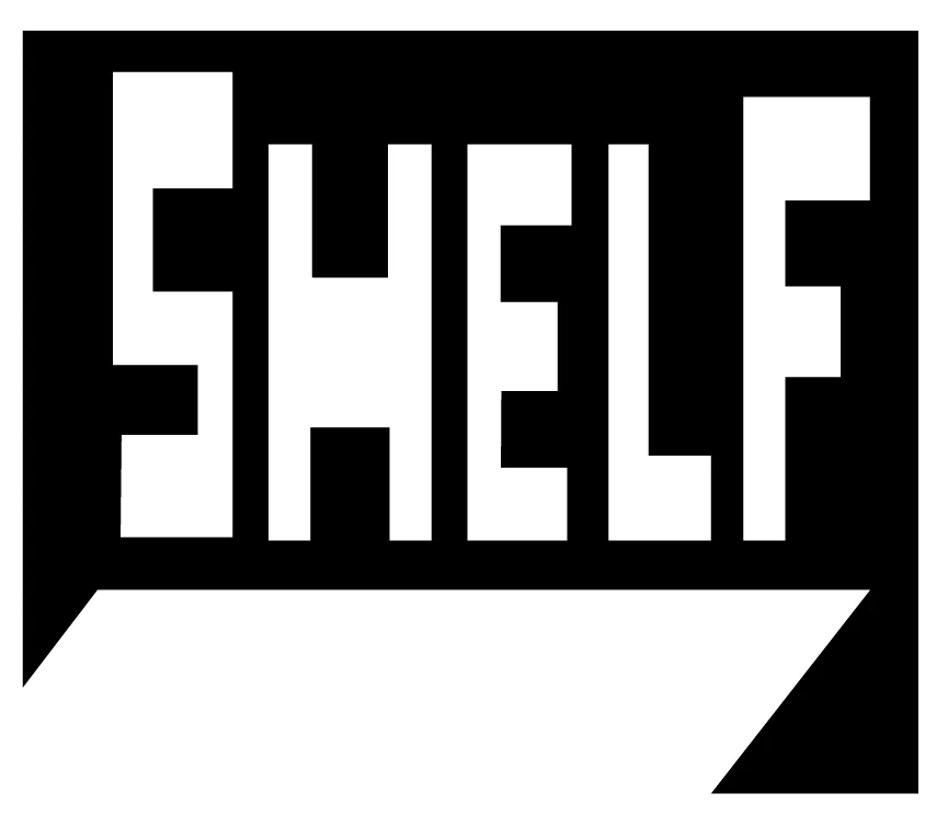 Logo design featuring the word "SHELF" in bold white letters on a black background, with a speech bubble element.