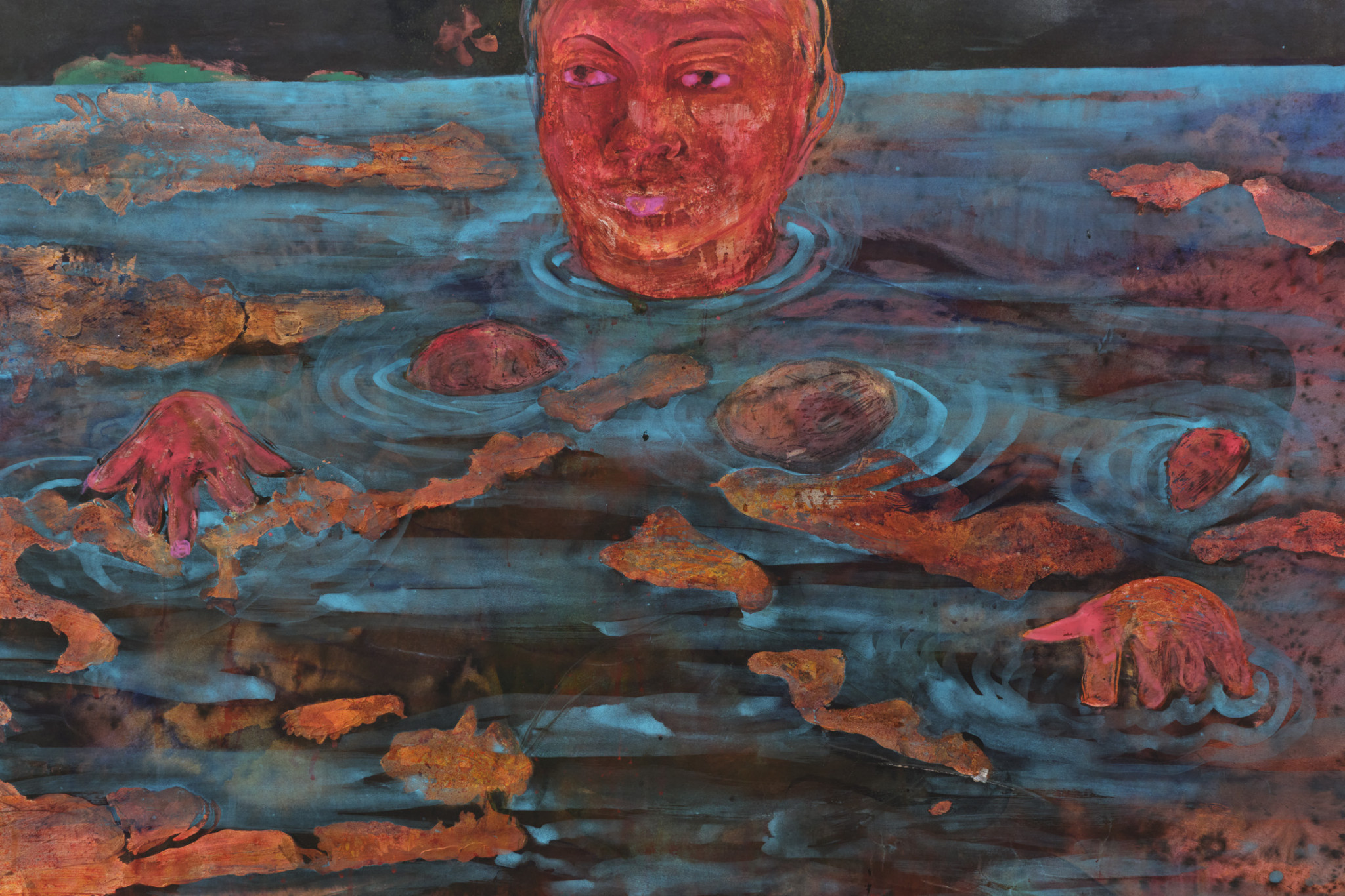 An abstract depiction of hands reaching out from a turbulent water surface, surrounded by floating organic shapes in vibrant colors.