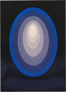 A series of concentric, softly layered ovals in shades of blue, with a central light orb, set against a dark background.