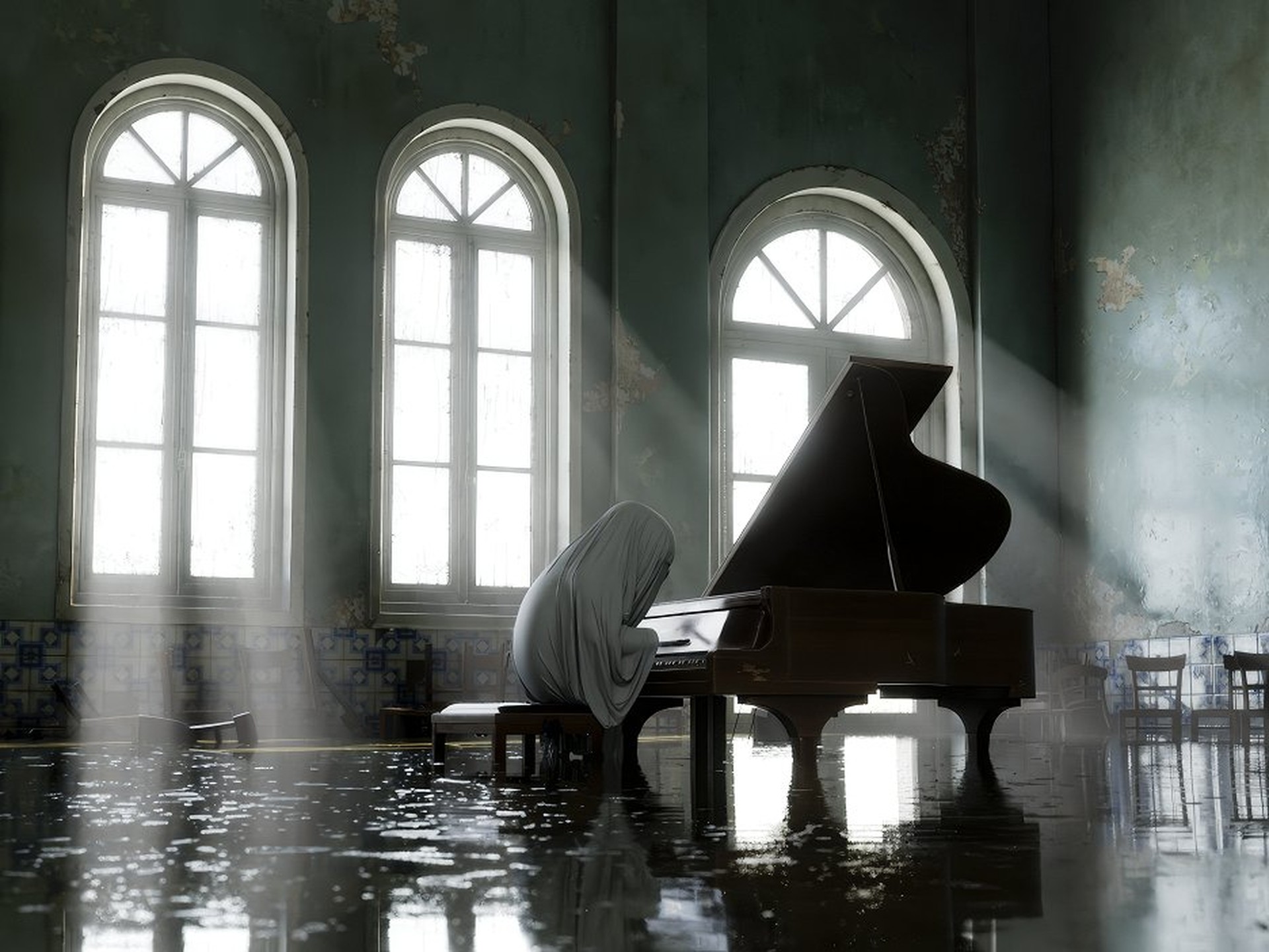 A person playing a piano in a bright room filled with natural light from multiple windows.
