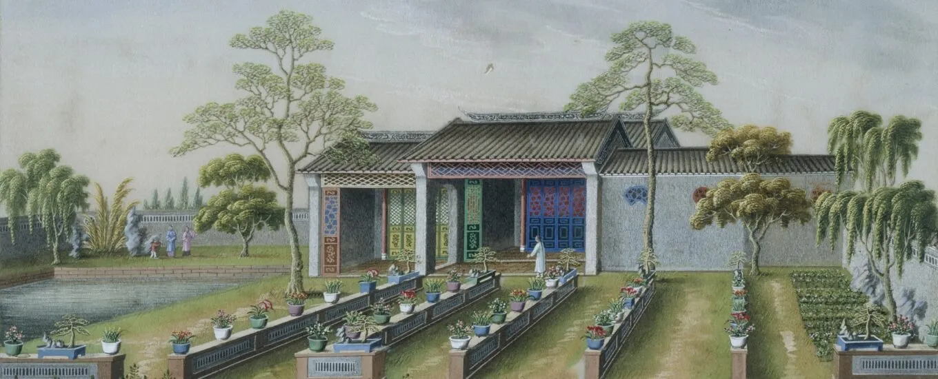 A painting depicting a house surrounded by potted plants, under a blue sky with clouds.