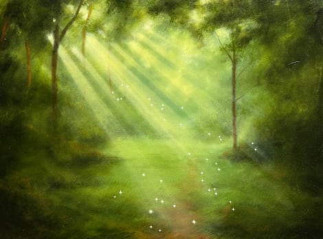 A vibrant green forest with sunlight filtering through the canopy of trees, creating dappled patterns on the ground.