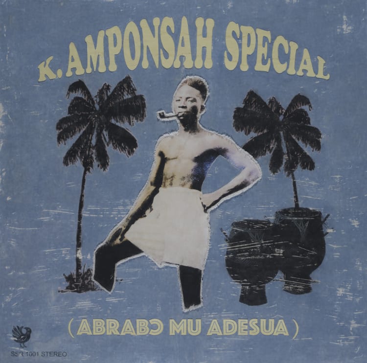 Album cover featuring a person in a towel standing beside two drums, with palm trees and a blue background. Title reads "K. Amponsah Special."