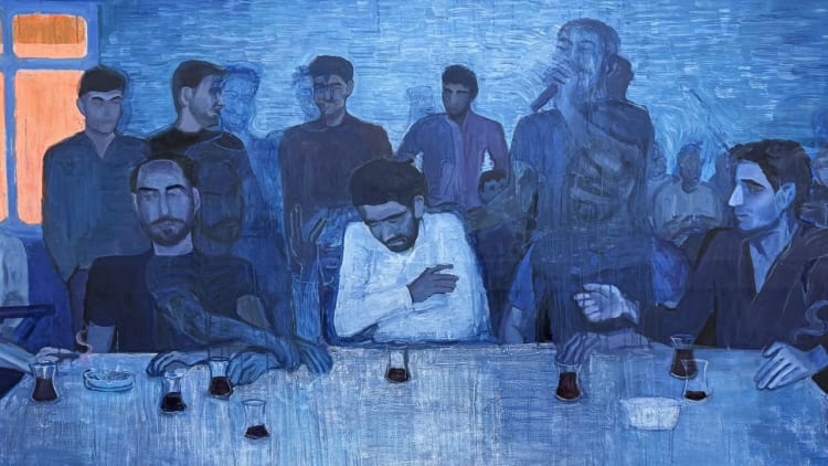 A painting depicting a group of people gathered around a table, engaged in conversation. The individuals are varied in appearance and style, showcasing different clothing and expressions.