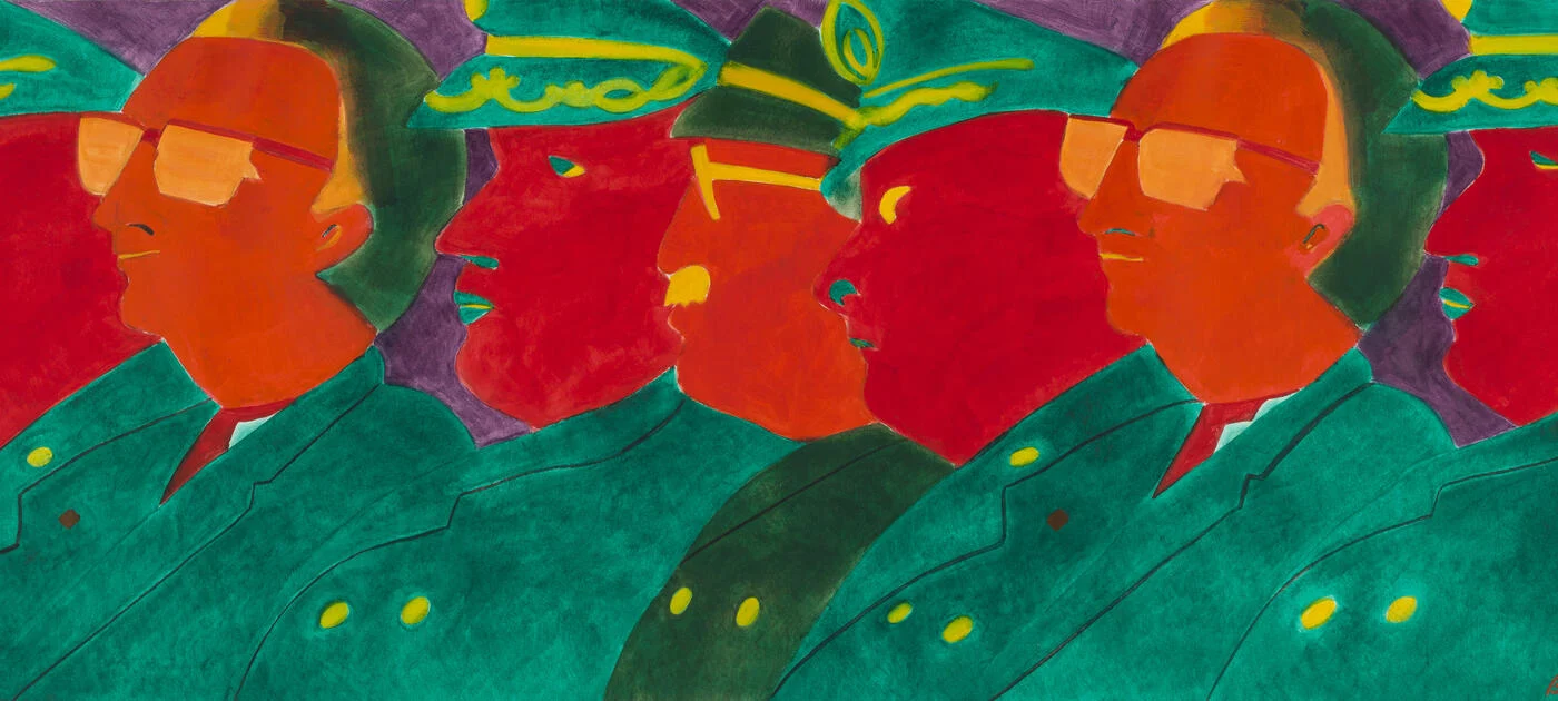 A group of people dressed in military uniforms, standing together in a display of unity and strength. The scene incorporates vibrant colors and abstract elements typical of modern art, showcasing the use of acrylic paints and drawing techniques.