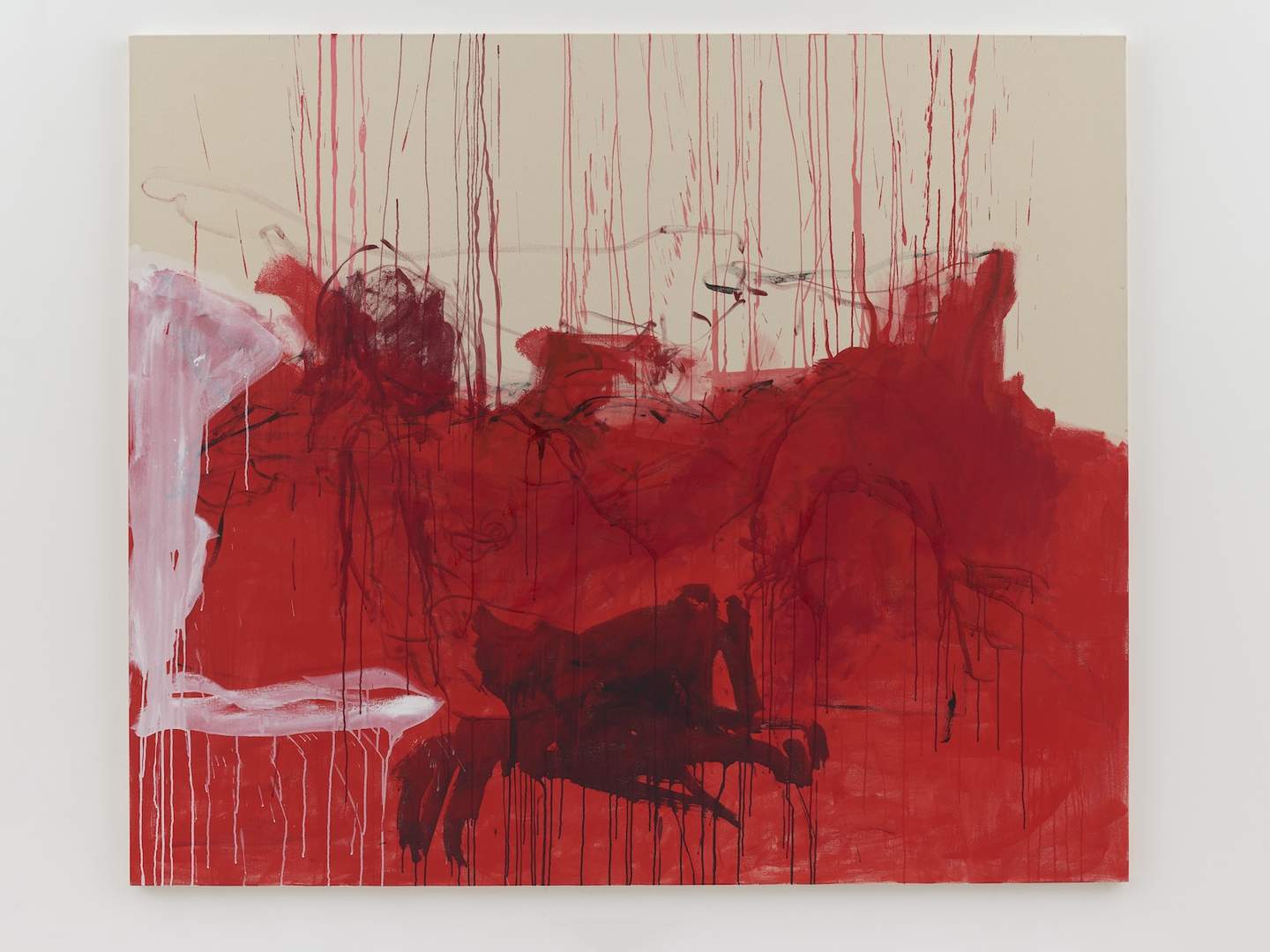 A vibrant abstract painting featuring red and white colors, showcasing bold strokes and a dynamic composition.