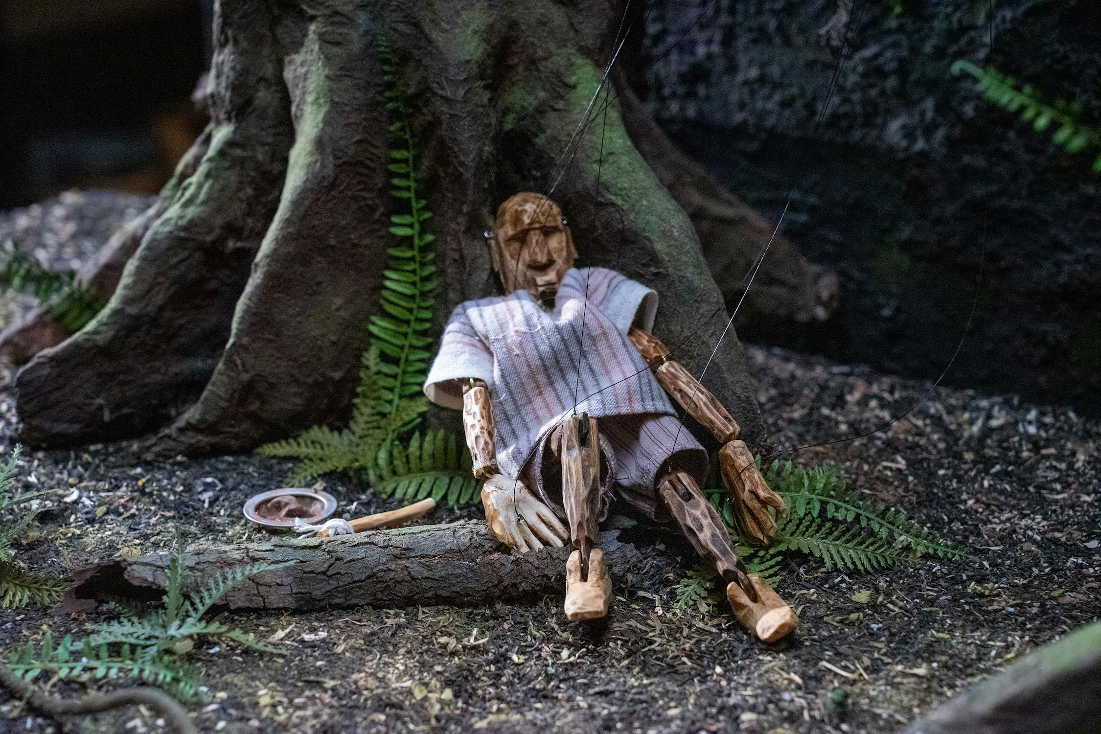 A wooden doll sitting on the ground in a forest setting, surrounded by trees and plants.