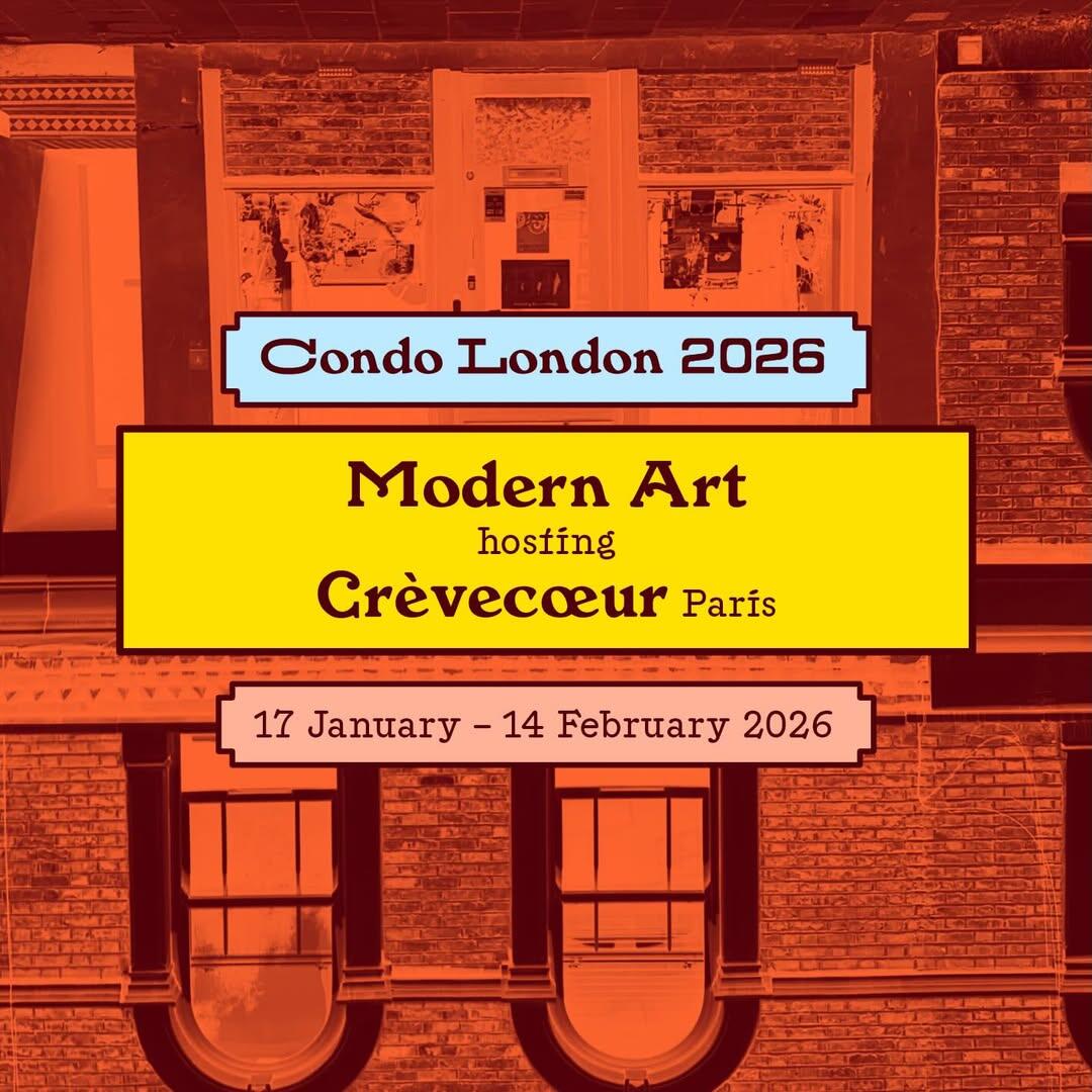 A poster featuring a modern building design with the text "Condo London 2026 Modern Art hosting Crèvecœur Paris 17 January - 14 February 2026" displayed prominently. The layout is rectangular, and the font is bold and contemporary.