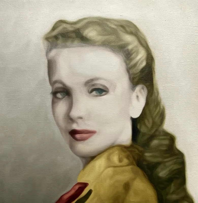 A painting of a woman, featuring a detailed portrait that highlights her facial features and expression, rendered in sketch style on an indoor wall.