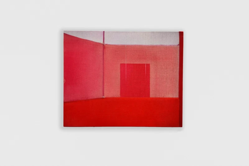 A red wall featuring a door, showcasing a rectangular shape and an abstract design.