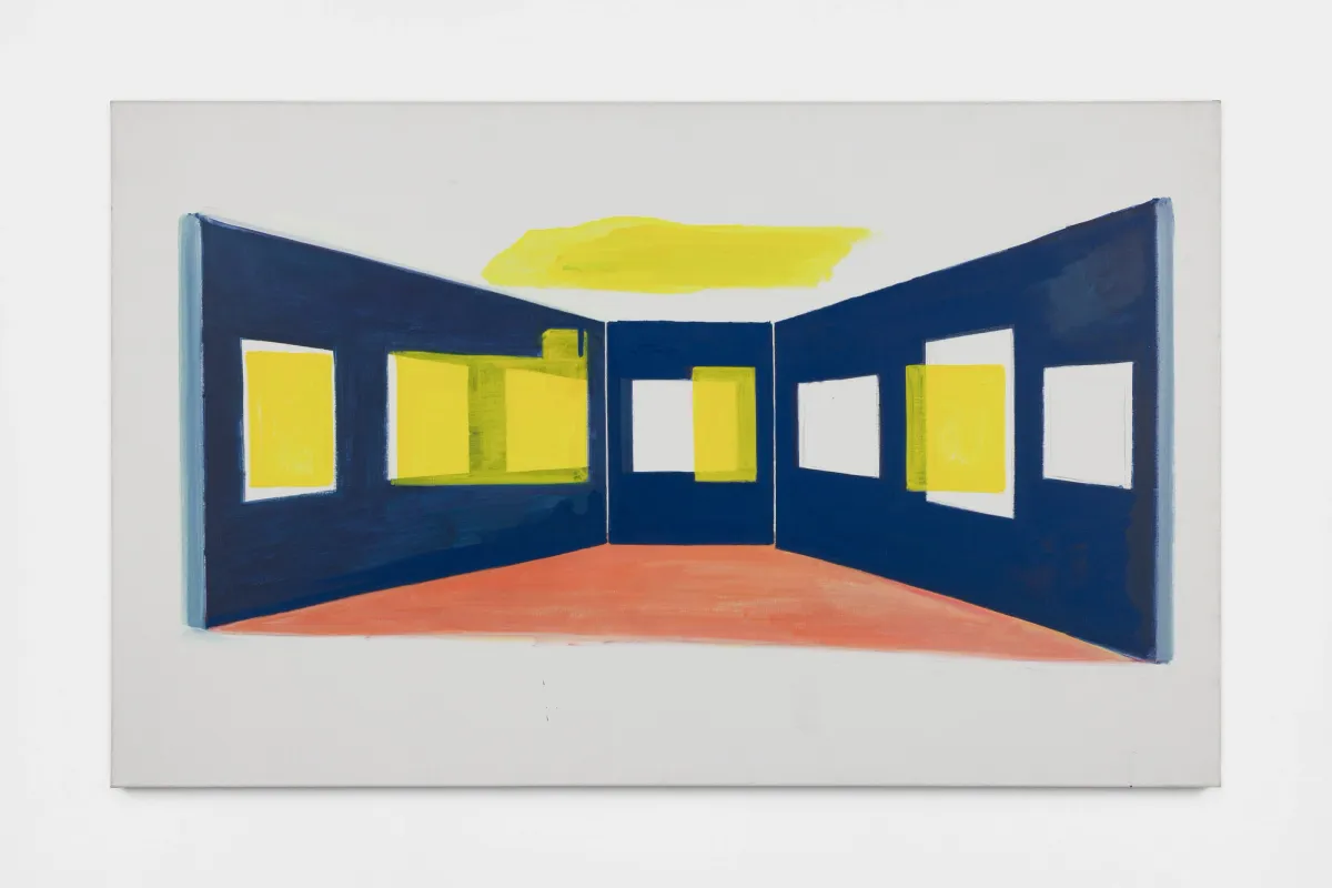 A painting depicting a room with blue and yellow walls, showcasing vibrant colors.