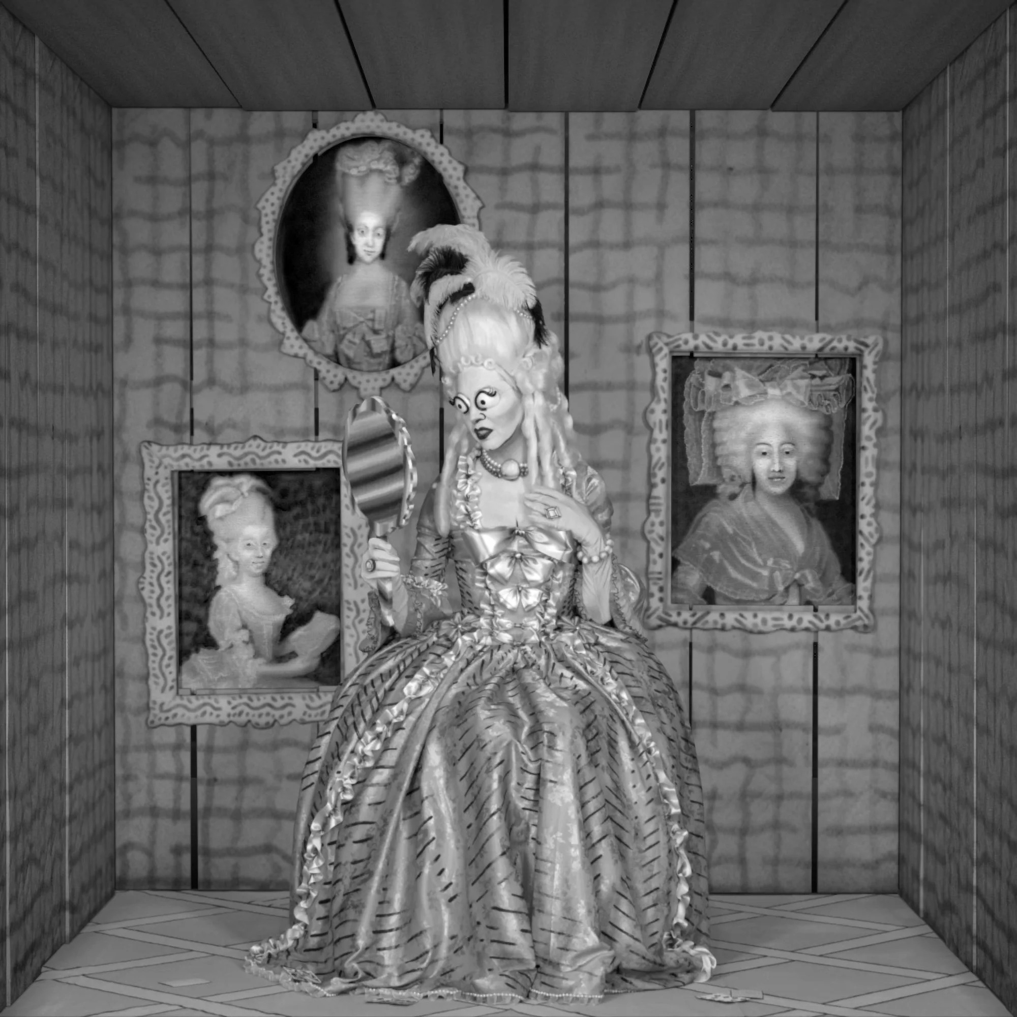 A woman wearing a garment sits in a room, with two framed pictures on the wall behind her. The setting has a black and white artistic vibe, with elements of indoor decor and a statue visible nearby.