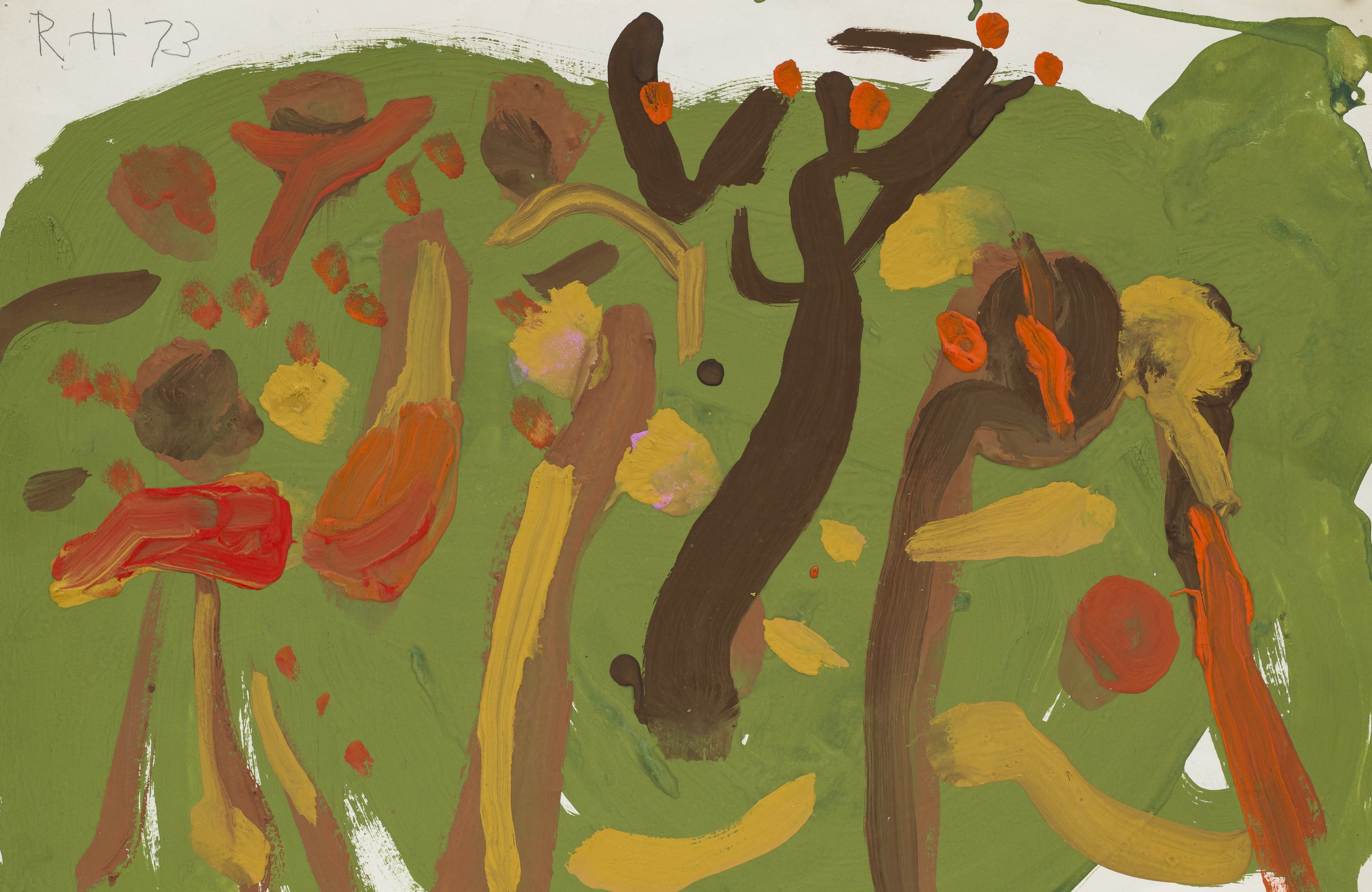 A vibrant painting depicting various trees and plants, showcasing colorful leaves and intricate details of nature. The artwork highlights a playful and imaginative style, resembling child art that embraces the beauty of the environment. | 2026 Vardaxoglou Gallery