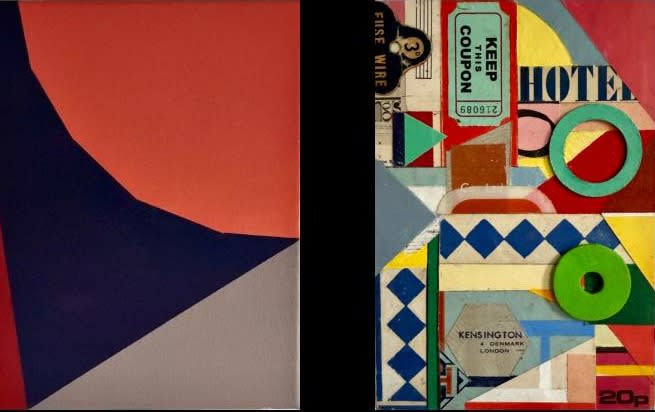 A collage featuring various colorful stickers, including a coupon labeled "20p HOTEL KEEP THIS COUPON" alongside the numbers "680912 KENSINGTON 3 FIISE WIRE PO." The design showcases vibrant colors and playful graphics.