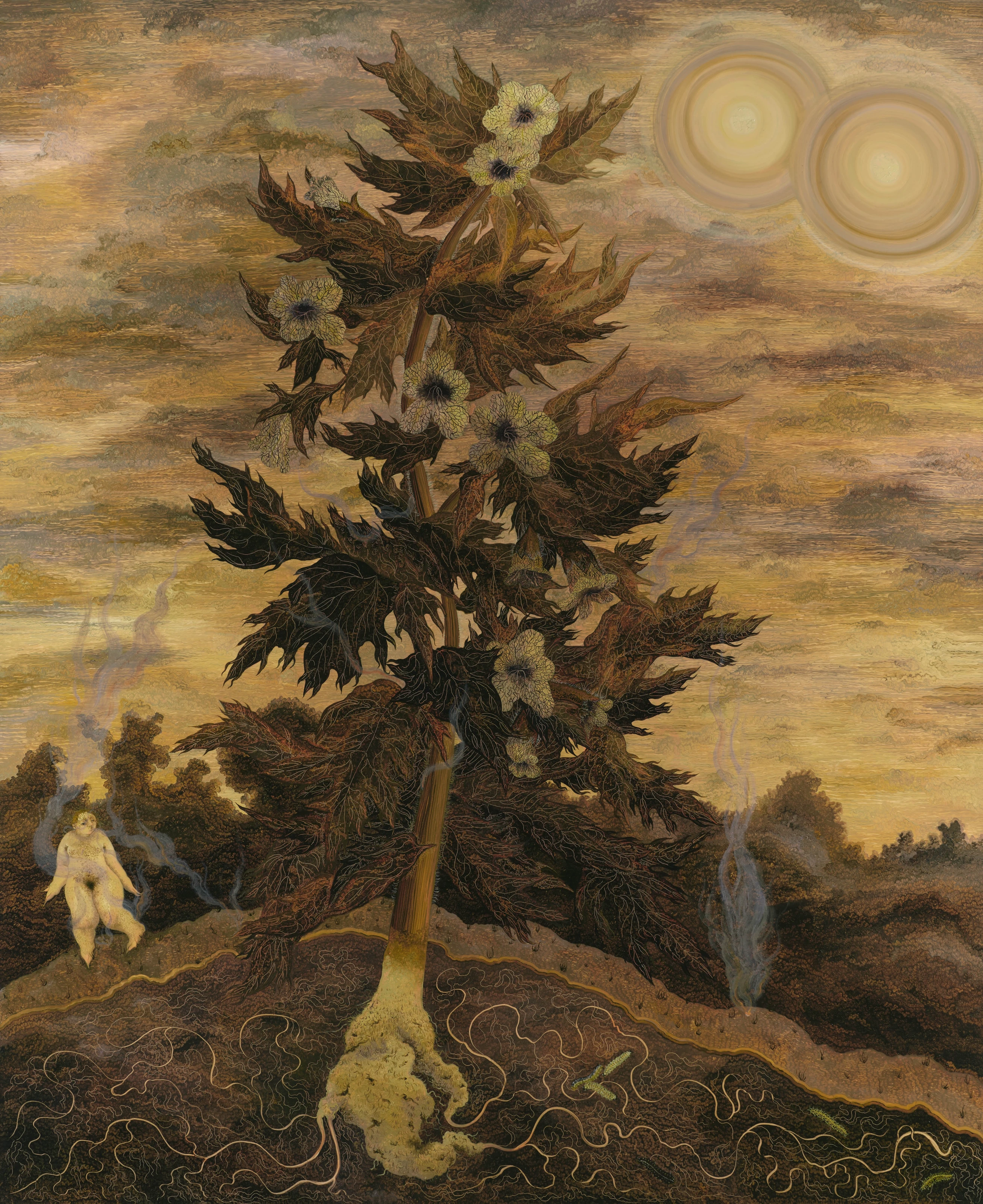 A vibrant painting depicting a tree adorned with colorful flowers, showcasing artistic expression and the beauty of nature.