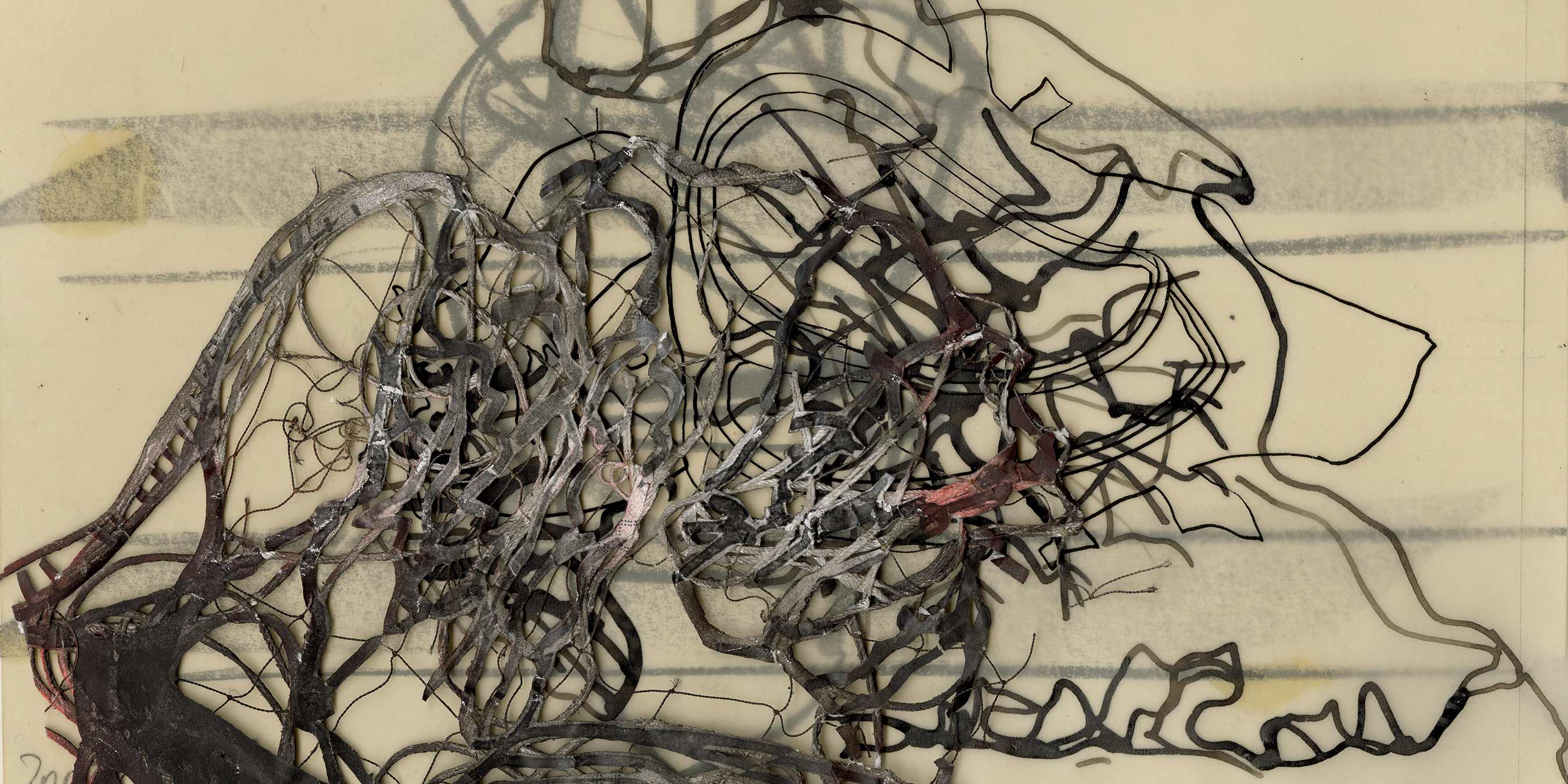 A close-up view of a black object, focusing on its texture and details, featuring a sketchy style with fine lines and artistic elements.