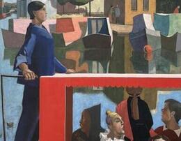 A painting of a woman standing on a red table, wearing clothing.